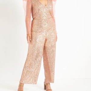 Pink Rose Gold Organza Sleeve Sequin Jumpsuit